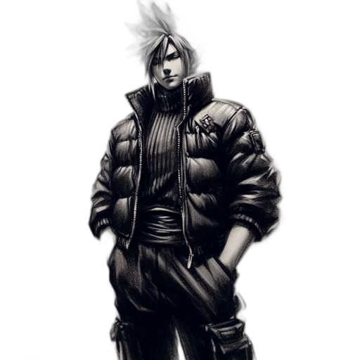 jacket, concept art, comic book art, cyberpunk, fantasy art, monochrome, dark, male transparent PNG cut-out