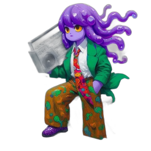 creature, staff, concept art, vaporwave, pixel art, fantasy art, vibrant-haired, character transparent PNG cut-out