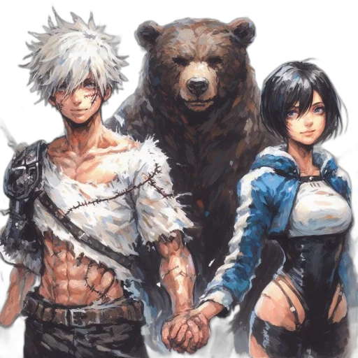 concept art, comic book art, fantasy art, pixel art, monochrome, three, animated, characters transparent PNG cut-out