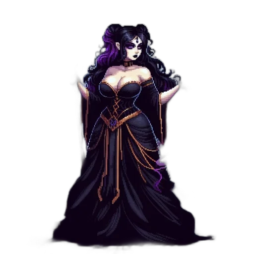 dress, crown, staff, pixel art, fantasy art, concept art, comic book art, dark transparent PNG cut-out