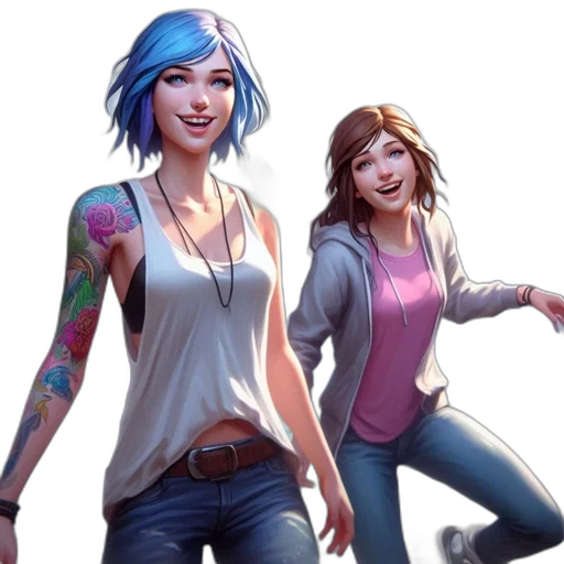 concept art, fantasy art, photorealistic, cartoon, blue, two, animated, female transparent PNG cut-out