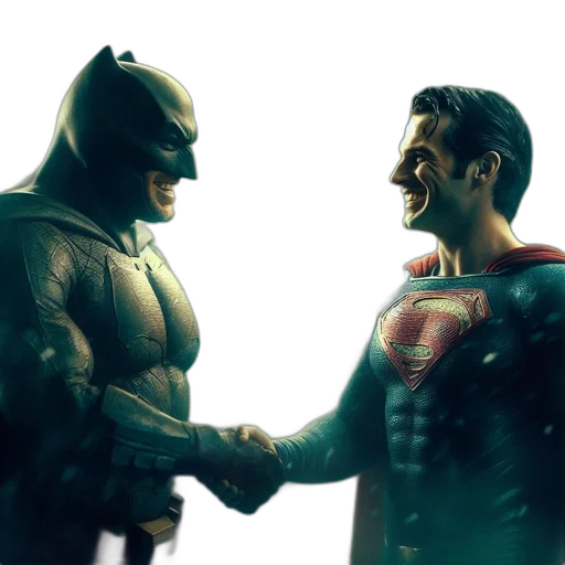 comic book art, concept art, 3d render, batman, superman, surrounded, rainy, skies transparent PNG cut-out