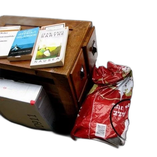 furniture, red, bike, box, has, books, bag, chips transparent PNG cut-out