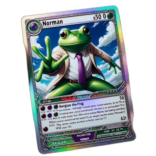 dragon, staff, illustrated, trading, card, features, suit-wearing, frog transparent PNG cut-out
