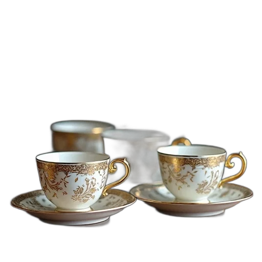 3d render, photorealistic, set, antique, teacups, intricate, gold, designs transparent PNG cut-out