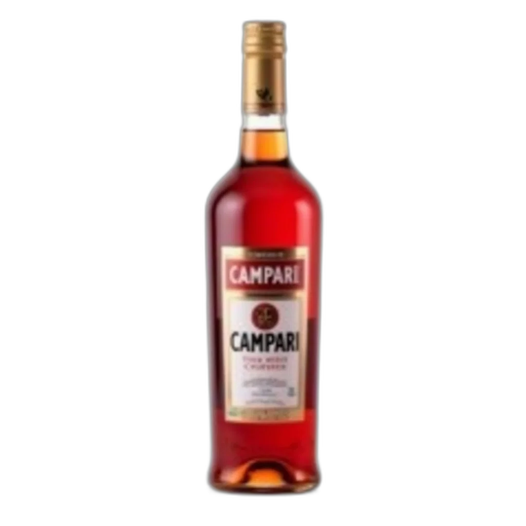 bottle, campari, wine, red, label, gold, cap, displayed transparent PNG cut-out