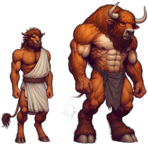 concept art, fantasy art, pixel art, comic book art, two, anthropomorphic, human-bull, creatures transparent PNG cut-out