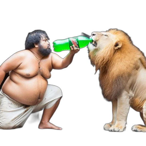animal, bottle, food, concept art, photorealistic, 3d render, man, squatting transparent PNG cut-out