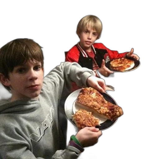 food, 3d render, fire, two, boys, holding, plates, pizza transparent PNG cut-out