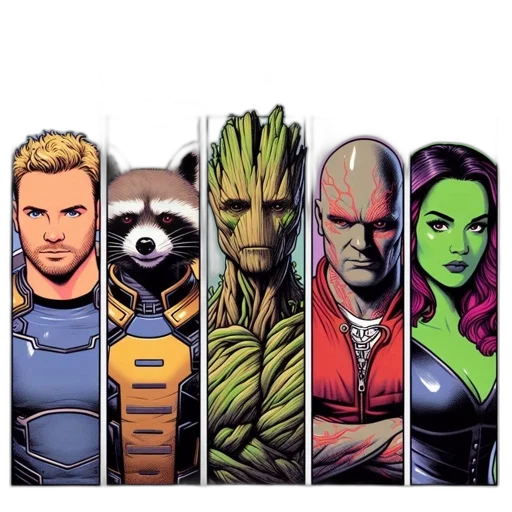 staff, comic book art, concept art, fantasy art, pixel art, five, characters, movie transparent PNG cut-out