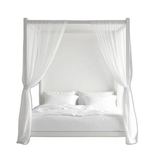 furniture, 3d render, photorealistic, monochrome, white, bed, canopy, frame transparent PNG cut-out