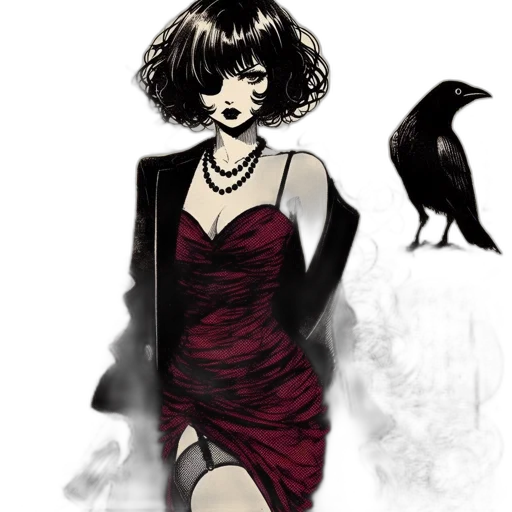 dress, comic book art, concept art, fantasy art, cartoon, dark, monochrome, red transparent PNG cut-out