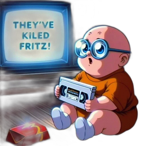 concept art, cartoon, pixel art, baby, character, large, glasses, vhs transparent PNG cut-out