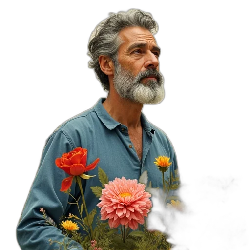 flower, face, jacket, staff, photorealistic, oil painting, concept art, fantasy art transparent PNG cut-out