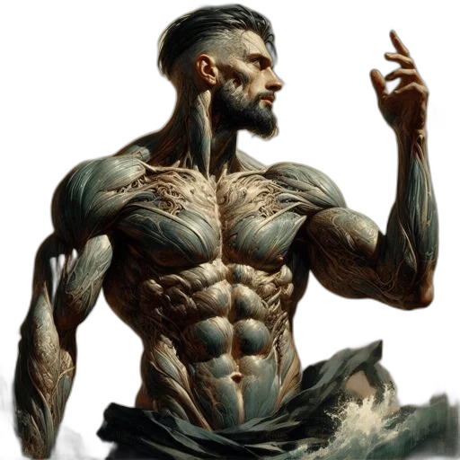 creature, fantasy art, concept art, photorealistic, comic book art, muscular, tattooed, man transparent PNG cut-out