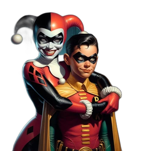 comic book art, concept art, 3d render, urban, alley, harley, quinn, embraces transparent PNG cut-out