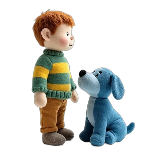 3d render, plush, toy, child, green, yellow, striped, sweater transparent PNG cut-out