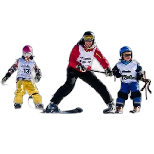 family, enjoys, skiing, together, sunny, day, children, wearing transparent PNG cut-out