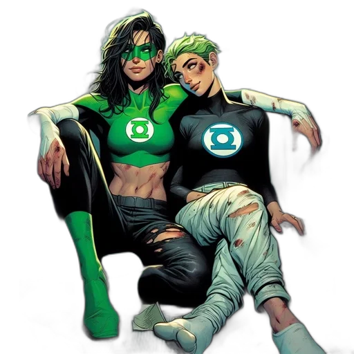 comic book art, concept art, green, two, costumed, heroes, sit, injured transparent PNG cut-out