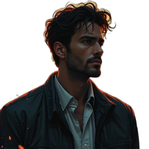 jacket, face, concept art, comic book art, photorealistic, oil painting, neon lights, dark transparent PNG cut-out