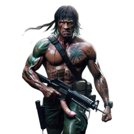 weapon, concept art, comic book art, cyberpunk, photorealistic, rain-soaked, jungle, tattooed transparent PNG cut-out