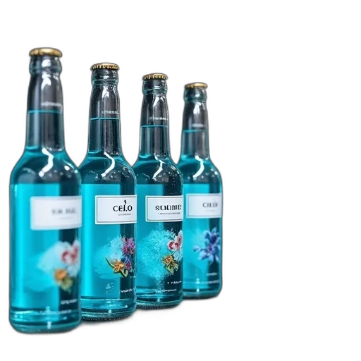 bottle, 3d render, collection, various, bottles, blue, liquid, displayed transparent PNG cut-out