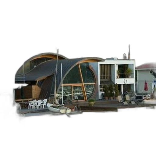 building, 3d render, concept art, photorealistic, modern, houseboat, curved, glass transparent PNG cut-out