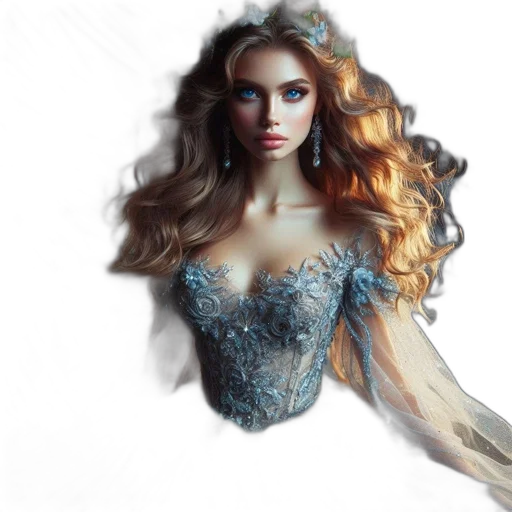 dress, crown, jewelry, fantasy art, photorealistic, concept art, oil painting, blue transparent PNG cut-out