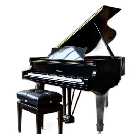 3d render, photorealistic, black, grand, piano, matching, leather, bench transparent PNG cut-out