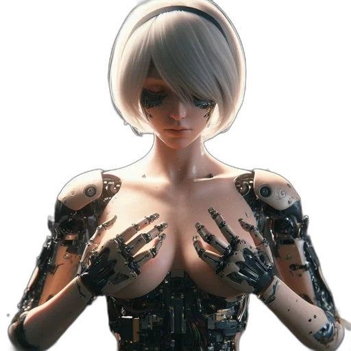 robot, dress, face, cyberpunk, concept art, 3d render, fantasy art, monochrome transparent PNG cut-out