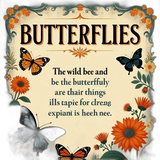 decorative, poster, stylized, design, featuring, butterflies, flowers, has transparent PNG cut-out
