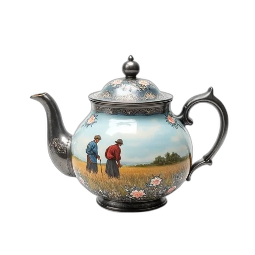 photorealistic, 3d render, oil painting, silver, teapot, white, blue, floral transparent PNG cut-out