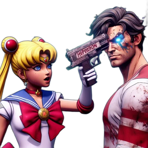weapon, comic book art, concept art, anime, cyberpunk, two, animated, characters transparent PNG cut-out