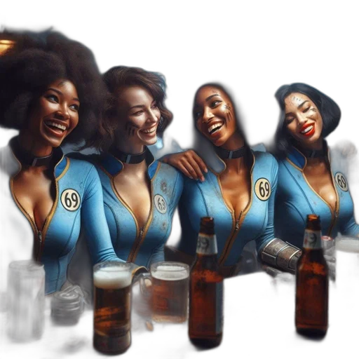concept art, fantasy art, comic book art, photorealistic, four, women, emblazoned, blue transparent PNG cut-out