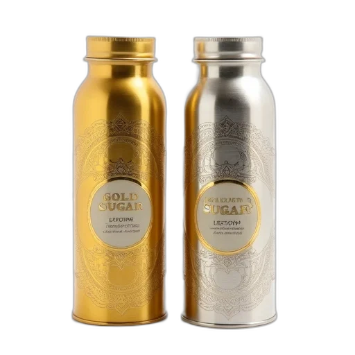 golden, earth tones, cylindrical, container, silver, cap, displayed, against transparent PNG cut-out