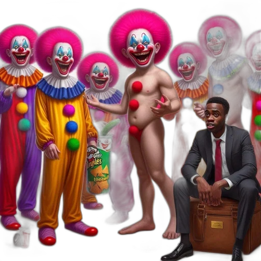 concept art, group, clowns, exaggerated, features, colorful, outfits, shocked transparent PNG cut-out