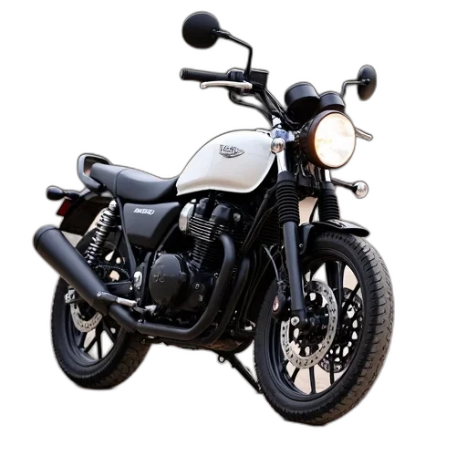 photorealistic, 3d render, black, white, motorcycle, parked, sandy, surface transparent PNG cut-out