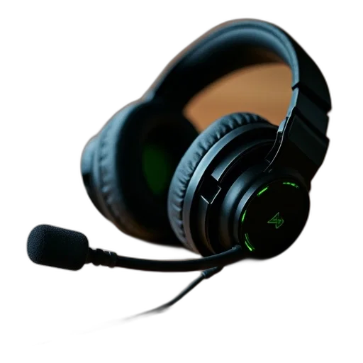 3d render, photorealistic, green, black, corded, headset, microphone, lies transparent PNG cut-out
