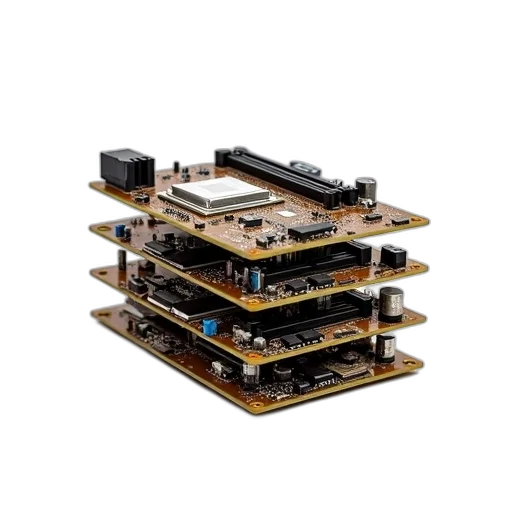 robot, stack, computer, motherboards, displayed, against, white, background transparent PNG cut-out