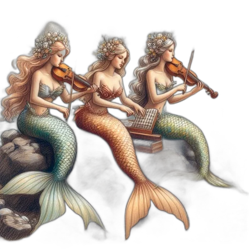 fantasy art, concept art, pixel art, photorealistic, underwater, three, mermaids, unique transparent PNG cut-out
