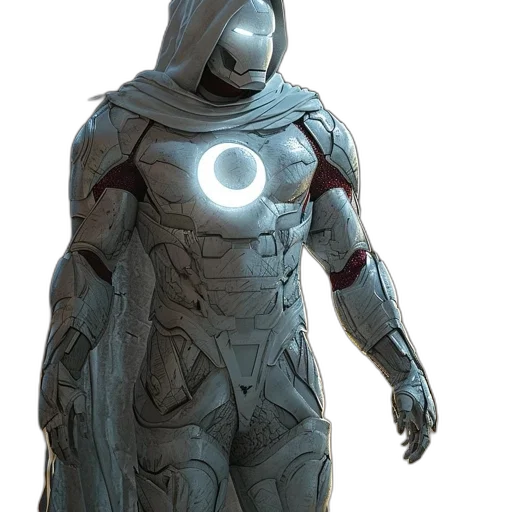 robot, mask, sword, staff, concept art, 3d render, comic book art, fantasy art transparent PNG cut-out