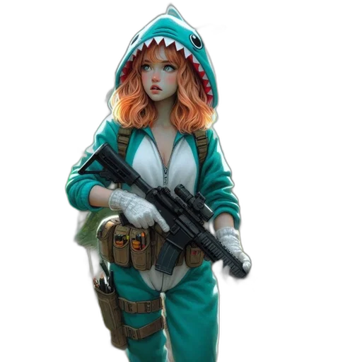 jacket, weapon, staff, concept art, 3d render, cyberpunk, fantasy art, woman transparent PNG cut-out