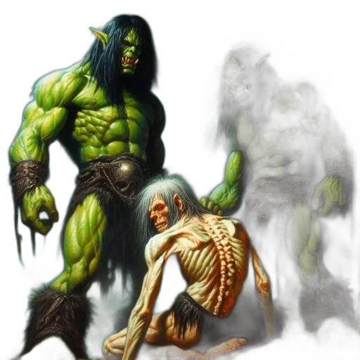 concept art, fantasy art, comic book art, pixel art, fog, green, three, figures transparent PNG cut-out
