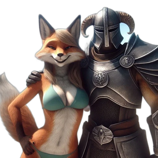 fantasy art, concept art, 3d render, two, characters, playful, fox-like, female transparent PNG cut-out