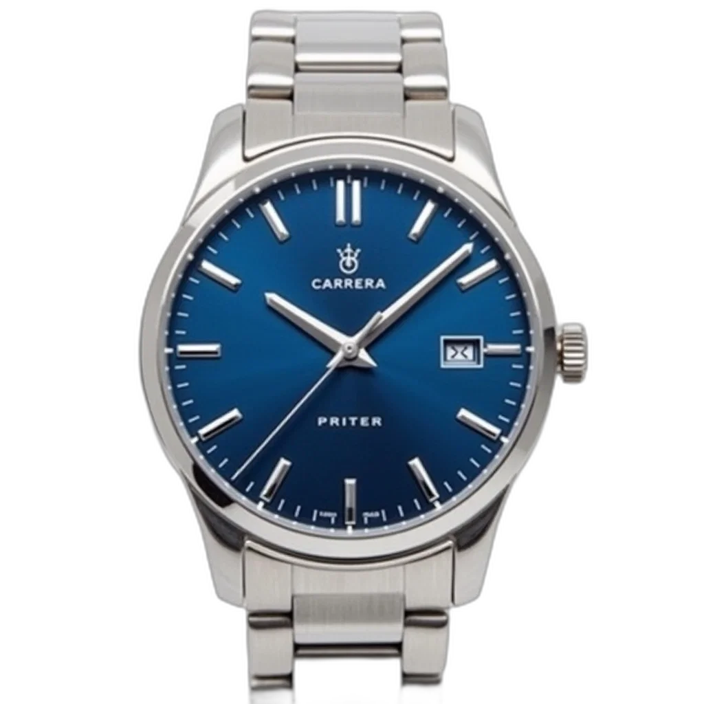 silver, wristwatch, blue, dial, black, hands, displayed, against transparent PNG cut-out