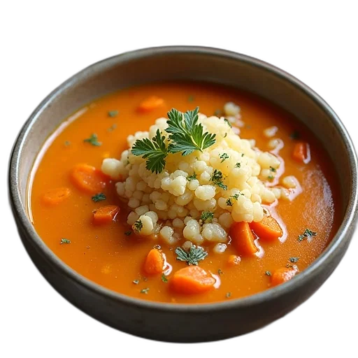 food, photorealistic, currie, cauliflower, rice, carrots, soup, perfect transparent PNG cut-out