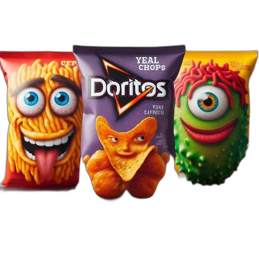food, mask, creature, concept art, three, doritos, bags, each transparent PNG cut-out