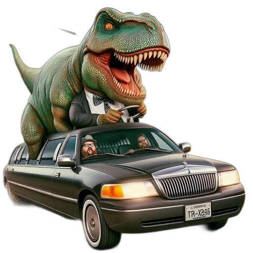 car, concept art, photorealistic, t-rex, dressed, formal, attire, rides transparent PNG cut-out
