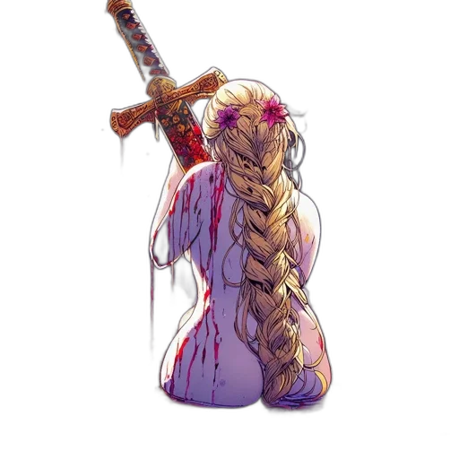 sword, staff, weapon, hair, concept art, fantasy art, pixel art, watercolor transparent PNG cut-out