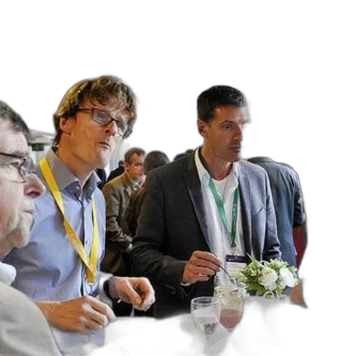 staff, group, men, suits, lanyards, gathered, around, table transparent PNG cut-out